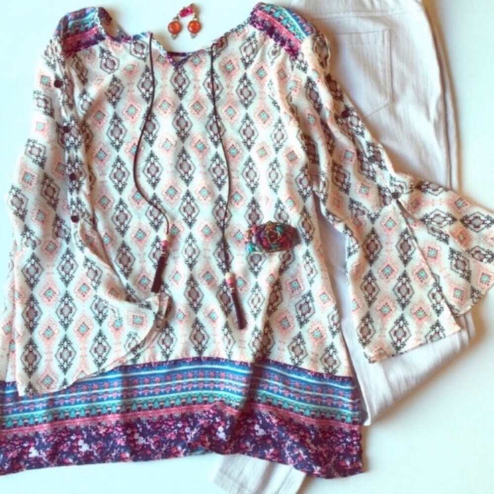 Hippie Bell Sleeve Faux Suede Ties Top Small